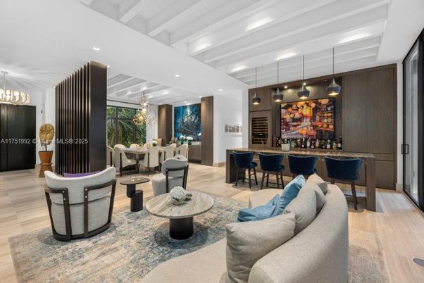 Dining room, Interior, Living room, Pendant Lights, Recessed Lighting, Wood Texture Flooring