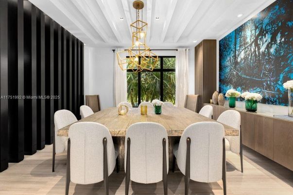 Dining room, Interior, Pendant Lights, Recessed Lighting, Wood Texture Flooring
