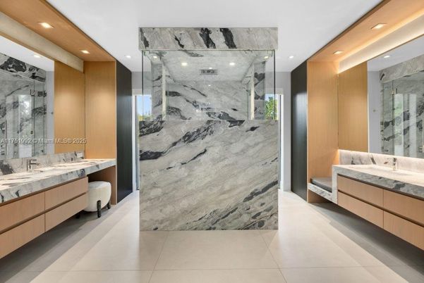 Bathroom, Dual Sink Vanities, Glass Shower, Interior, Marble Walls, Recessed Lighting