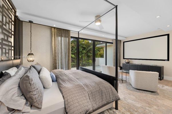 Bedroom, Interior, Pendant Lights, Projection Screen, Recessed Lighting, Wood Texture Flooring