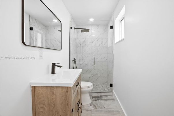 Bathroom, Glass Shower, Interior, Marble, Marble Walls, Recessed Lighting