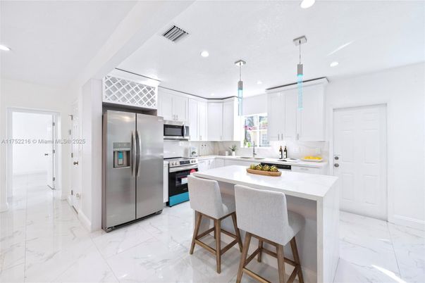 Interior, Kitchen, Marble, Pendant Lights, Recessed Lighting, Stainless Steel Appliances