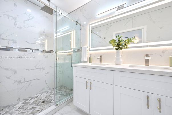 Bathroom, Dual Sink Vanities, Glass Shower, Interior, Marble, Marble Walls