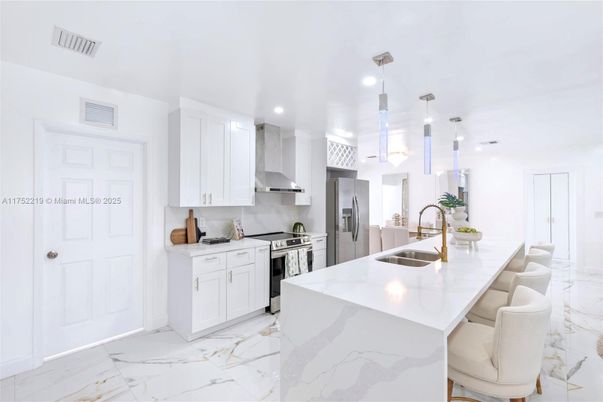 Interior, Kitchen, Marble, Pendant Lights, Recessed Lighting, Stainless Steel Appliances