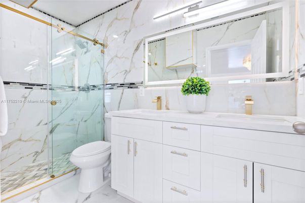 Bathroom, Dual Sink Vanities, Glass Shower, Interior, Marble, Marble Walls