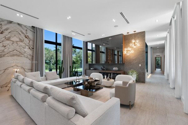 Interior, Living room, Marble Walls, Pendant Lights, Recessed Lighting
