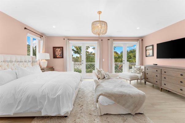 Bedroom, Chandelier, Interior, Recessed Lighting, Wood Texture Flooring