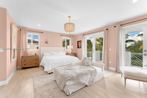 Bedroom, Chandelier, Interior, Recessed Lighting, Wood Texture Flooring