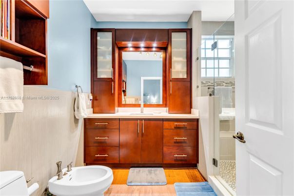 Bathroom, Dual Sink Vanities, Glass Shower, Interior, Wood Texture Flooring