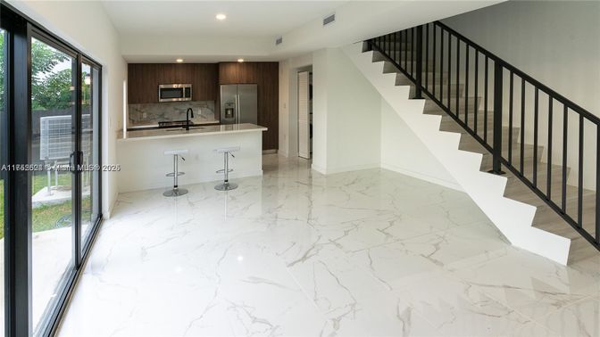 Interior, Kitchen, Marble, Recessed Lighting, Stainless Steel Appliances