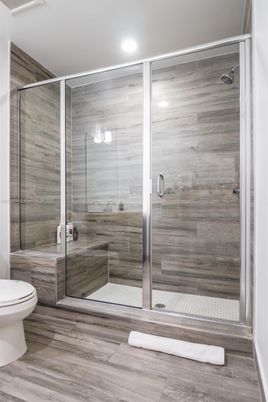 Bathroom, Glass Shower, Interior, Recessed Lighting, Wood Texture Flooring