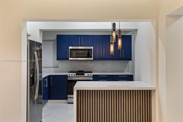 Interior, Kitchen, Marble, Pendant Lights, Stainless Steel Appliances