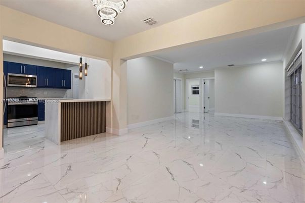 Interior, Kitchen, Marble, Pendant Lights, Recessed Lighting, Stainless Steel Appliances
