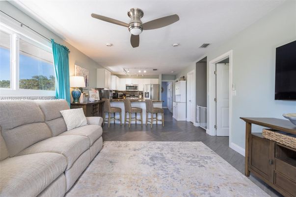 Interior, Kitchen, Living room, Recessed Lighting, Stainless Steel Appliances, Wood Texture Flooring