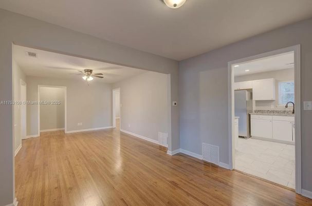 Empty room, Interior, Kitchen, Recessed Lighting, Wood Texture Flooring