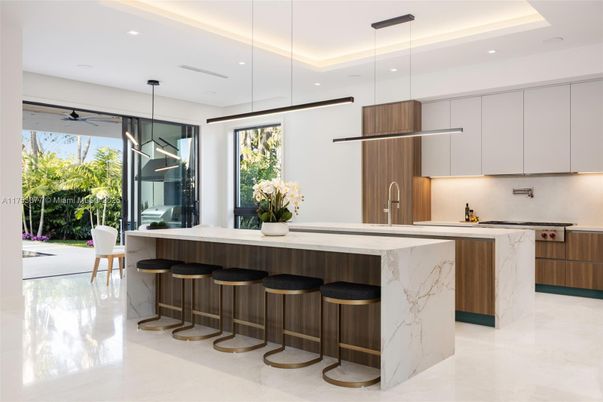 Interior, Kitchen, Marble Walls, Pendant Lights, Recessed Lighting