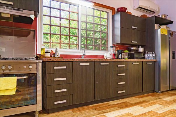 Interior, Kitchen, Stainless Steel Appliances, Wood Texture Flooring
