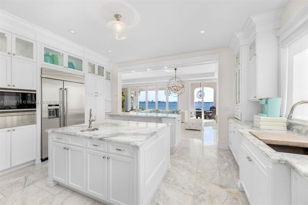Chandelier, Interior, Kitchen, Marble, Recessed Lighting, Stainless Steel Appliances, Water