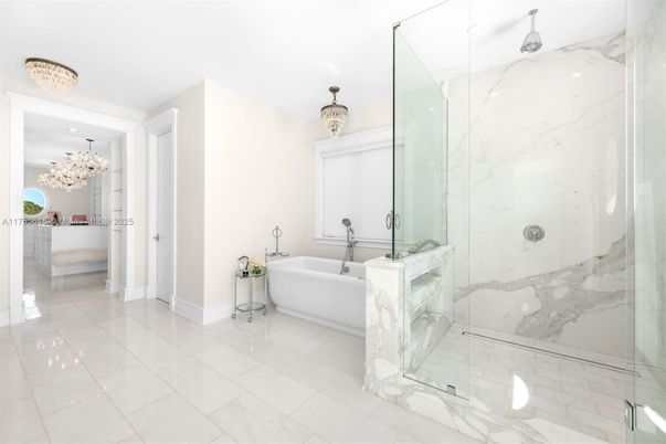Bathroom, Free Standing Baths, Glass Shower, Interior, Marble, Marble Walls, Recessed Lighting