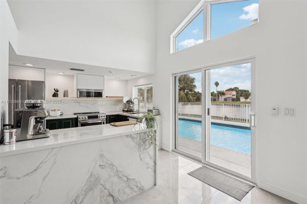 Interior, Kitchen, Marble, Recessed Lighting, Stainless Steel Appliances