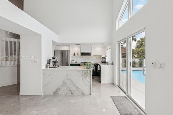 Interior, Kitchen, Marble, Recessed Lighting, Stainless Steel Appliances