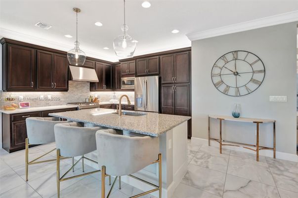 Interior, Kitchen, Marble, Pendant Lights, Recessed Lighting, Stainless Steel Appliances