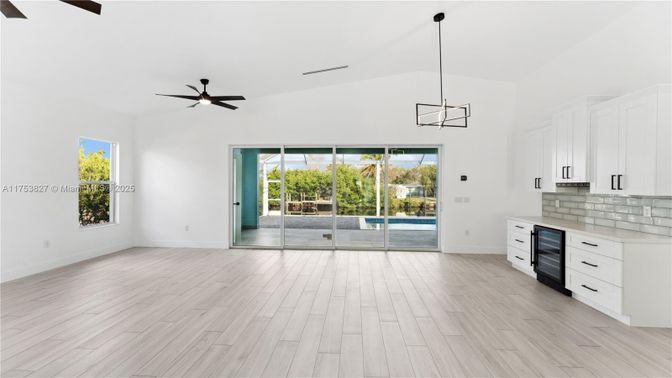 Empty room, Interior, Kitchen, Pendant Lights, Wood Texture Flooring
