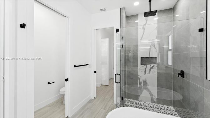 Bathroom, Glass Shower, Interior, Recessed Lighting, Wood Texture Flooring