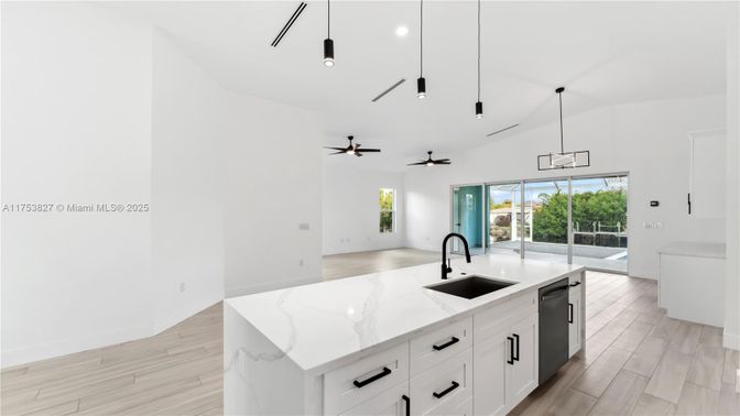Interior, Kitchen, Pendant Lights, Recessed Lighting, Wood Texture Flooring