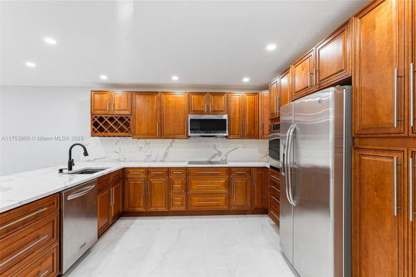 Interior, Kitchen, Marble, Recessed Lighting, Stainless Steel Appliances