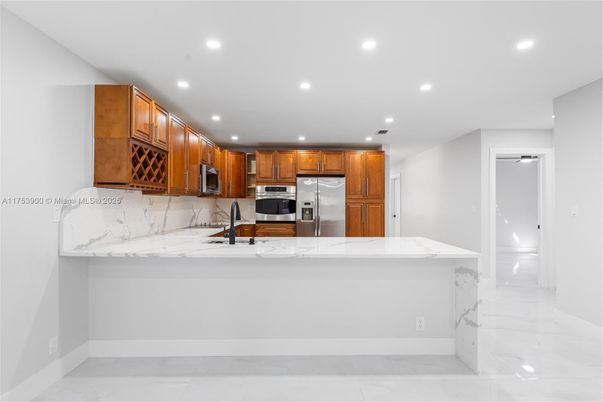 Interior, Kitchen, Marble, Recessed Lighting, Stainless Steel Appliances
