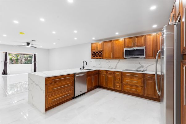 Interior, Kitchen, Marble, Recessed Lighting, Stainless Steel Appliances