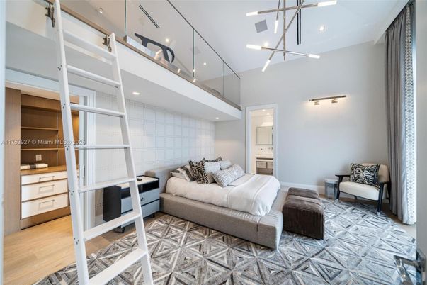 Bedroom, Interior, Pendant Lights, Recessed Lighting, Wood Texture Flooring