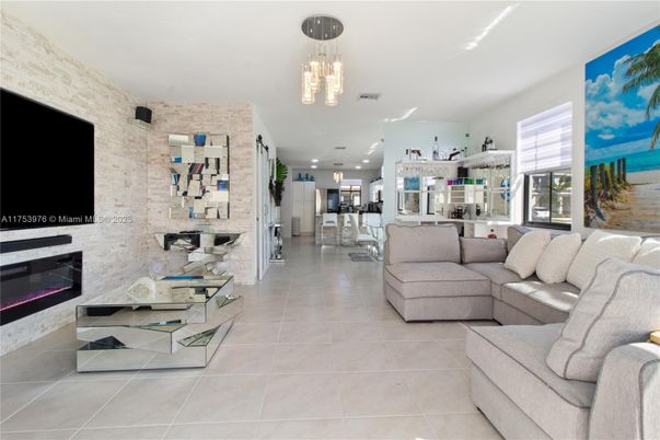 Dining room, Fireplace, Interior, Kitchen, Living room, Pendant Lights, Recessed Lighting, Stone Walls