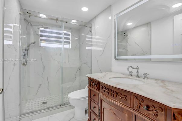 Bathroom, Glass Shower, Interior, Marble, Marble Walls, Recessed Lighting
