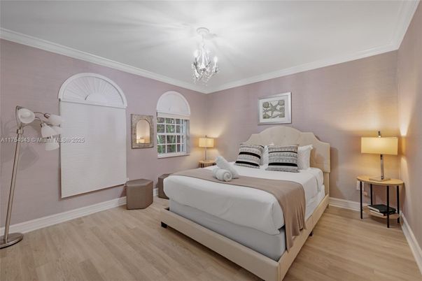 Bedroom, Chandelier, Interior, Wood Texture Flooring