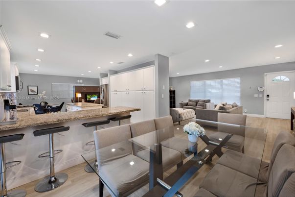 Dining room, Interior, Kitchen, Living room, Recessed Lighting, Wood Texture Flooring