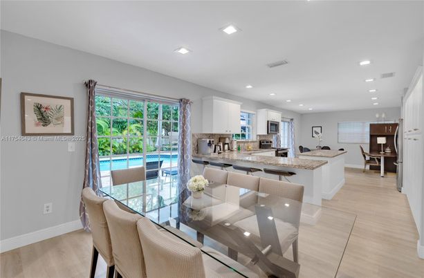 Dining room, Interior, Kitchen, Recessed Lighting, Wood Texture Flooring