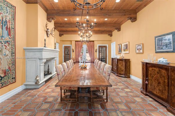 Chandelier, Dining room, Fireplace, Interior, Recessed Lighting, Wooden Beams, Wooden Ceilings