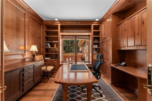 Home Office, Interior, Recessed Lighting, Wood Texture Flooring, Wooden Walls