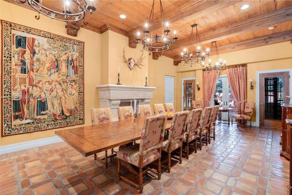 Chandelier, Dining room, Fireplace, Interior, Recessed Lighting, Wooden Beams, Wooden Ceilings