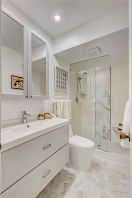 Bathroom, Glass Shower, Interior, Marble, Marble Walls, Recessed Lighting