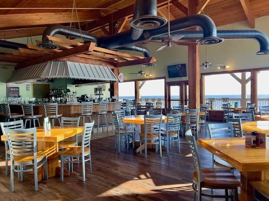Dining room, Interior, Pendant Lights, Water, Wooden Beams, Wooden Ceilings, Wood Texture Flooring