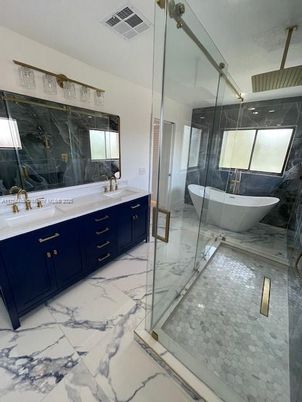 Bathroom, Dual Sink Vanities, Free Standing Baths, Glass Shower, Interior, Marble, Marble Walls