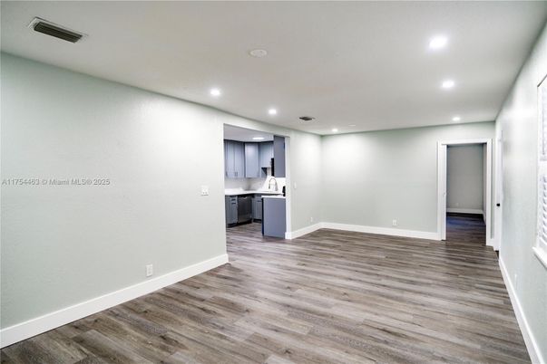 Empty room, Interior, Kitchen, Recessed Lighting, Wood Texture Flooring