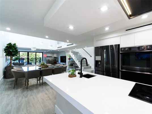 Dining room, Interior, Kitchen, Living room, Pendant Lights, Recessed Lighting, Stainless Steel Appliances, Wood Texture Flooring