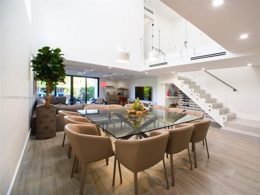 Dining room, Interior, Living room, Pendant Lights, Recessed Lighting, Wood Texture Flooring