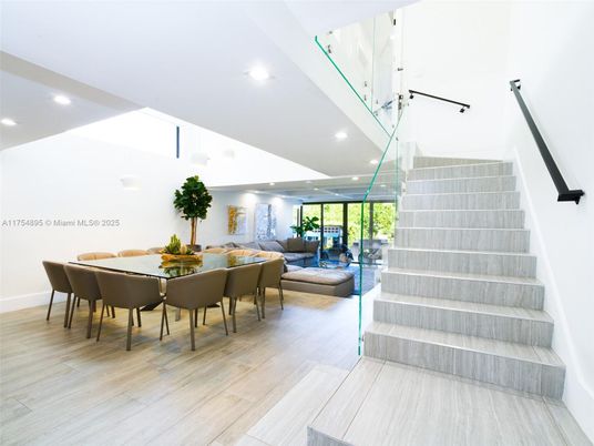 Dining room, Interior, Living room, Recessed Lighting, Wood Texture Flooring