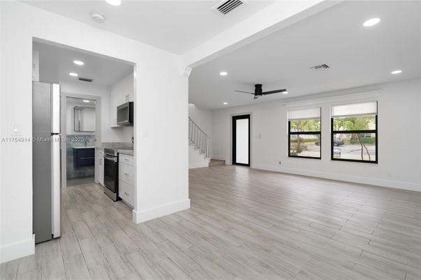 Empty room, Interior, Kitchen, Recessed Lighting, Wood Texture Flooring