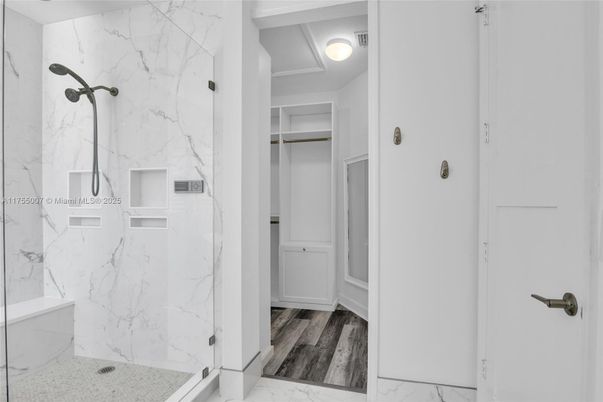Bathroom, Glass Shower, Interior, Marble, Marble Walls, Walk-in Closets, Wood Texture Flooring